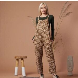 Known Supply Brown Cream Organic Cotton Geometric Print Boho Aztec Jumpsuit Sz M